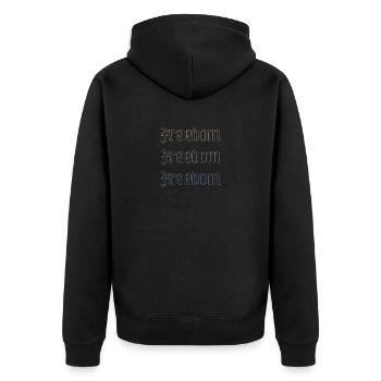 Freiheit in drei Akten - Unisex Premium Bio Zip Hoodie - Schwarz - Hinten - Nico (187cm)