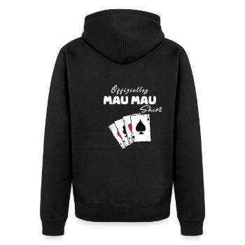 Mau Mau Offizielles Shirt - Unisex Premium Bio Zip Hoodie - Schwarz - Hinten - Nico (187cm)