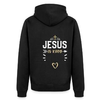 Jesus is King - Jesus - Unisex Premium Bio Zip Hoodie - Schwarz - Hinten - Nico (187cm)