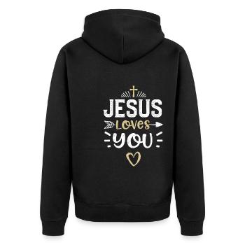 Jesus Loves You - Jesus - Unisex Premium Bio Zip Hoodie - Schwarz - Hinten - Nico (187cm)