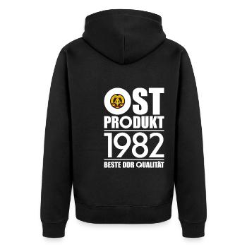 OSTPRODUKT 1982 DDR OSSI 44. GEBURTSTAG - Unisex Premium Bio Zip Hoodie - Schwarz - Hinten - Nico (187cm)