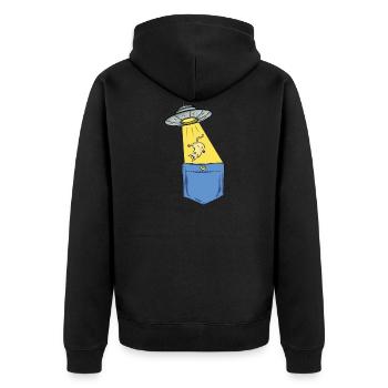 Alien - Raumschiff - Katze - Tasche - Brusttasche - Unisex Premium Bio Zip Hoodie - Schwarz - Hinten - Nico (187cm)