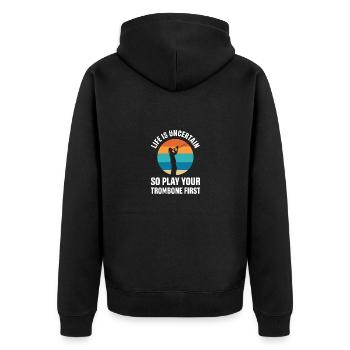 Blasmusik Instrument Posaune Posaunen Kostüm - Unisex Premium Bio Zip Hoodie - Schwarz - Hinten - Nico (187cm)