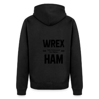 Wrexham Like Hollywood - Wales Football Gift - Unisex Premium Organic Zip Hoodie - black - Back - Nico (187cm)