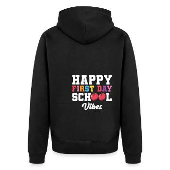 7. Klasse Vibes Retro Groovy Women Happy First - Unisex Premium Bio Zip Hoodie - Schwarz - Hinten - Nico (187cm)