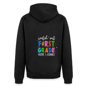 Hallo 1. Klasse Zurück zur Schule Erster Tag - Unisex Premium Bio Zip Hoodie - Schwarz - Hinten - Nico (187cm)