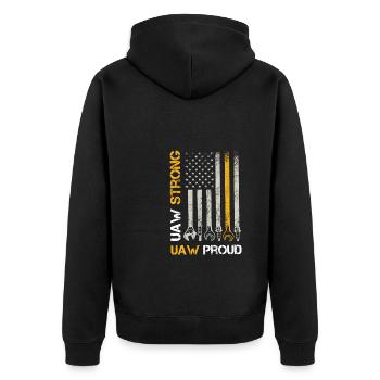 UAW Stark UAW Stolz auf die Gewerkschaft UAW-Arbeiter - Unisex Premium Bio Zip Hoodie - Schwarz - Hinten - Nico (187cm)