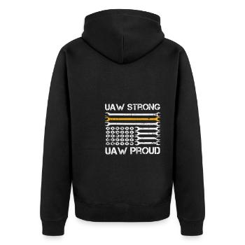 UAW Stark UAW Stolz auf die Gewerkschaft UAW-Arbeiter - Unisex Premium Bio Zip Hoodie - Schwarz - Hinten - Nico (187cm)
