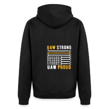 UAW Stark UAW Stolz auf die Gewerkschaft UAW-Arbeiter - Unisex Premium Bio Zip Hoodie - Schwarz - Hinten - Nico (187cm)