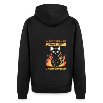 Cooles lustiges T-Shirt Zu meiner Verteidigung wurde ich zurückgelassen - Unisex Premium Bio Zip Hoodie - Schwarz - Hinten - Nico (187cm)