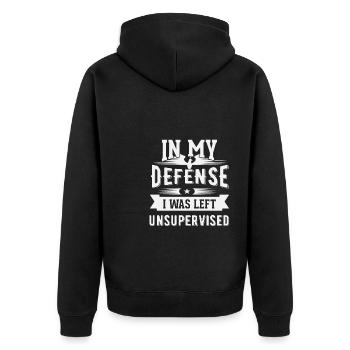 Cooles lustiges T-Shirt Zu meiner Verteidigung wurde ich zurückgelassen - Unisex Premium Bio Zip Hoodie - Schwarz - Hinten - Nico (187cm)