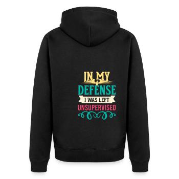 Cooles lustiges T-Shirt Zu meiner Verteidigung wurde ich zurückgelassen - Unisex Premium Bio Zip Hoodie - Schwarz - Hinten - Nico (187cm)