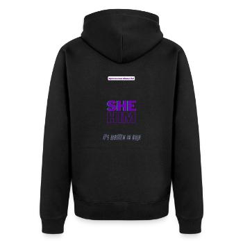 #pronounsarebeautiful she/him - Veste à capuche bio Premium Unisexe - noir - Dos - Nico (187cm)