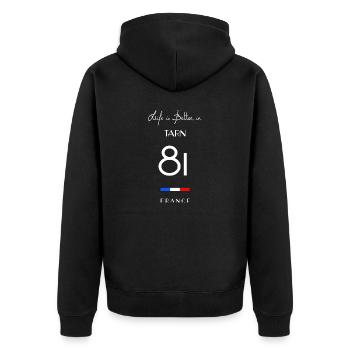 Das Leben ist besser in TARN Number 81 Languedoc Okzitanisch - Unisex Premium Bio Zip Hoodie - Schwarz - Hinten - Nico (187cm)