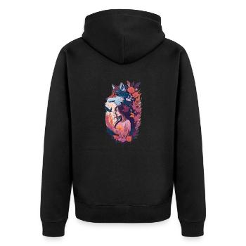 shewolfdaughter Wolf Wölfe Frau Blumen - Unisex Premium Bio Zip Hoodie - Schwarz - Hinten - Nico (187cm)