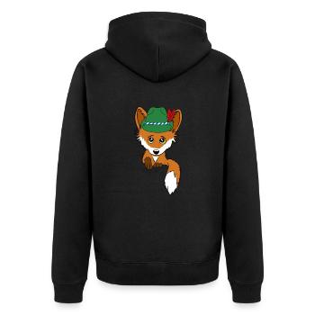 Fuchs mit Trachtenhut in Tasche - Unisex Premium Bio Zip Hoodie - Schwarz - Hinten - Nico (187cm)
