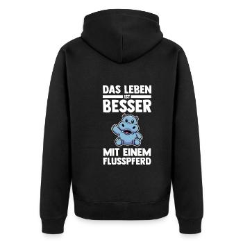 Nilpferd Flusspferd - Unisex Premium Bio Zip Hoodie - Schwarz - Hinten - Nico (187cm)