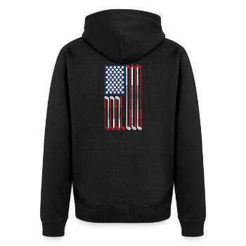 Vintage Flag> US Flag Made of Golf Balls + Clubs - Unisex Premium Organic Zip Hoodie - black - Back - Nico (187cm)