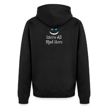 Grinsekatze - We're all mad here! - Unisex Premium Bio Zip Hoodie - Schwarz - Hinten - Nico (187cm)