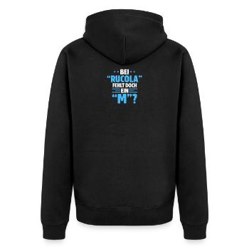 Bei Rucola fehlt doch ein M Wortspiel Alkohol Spru - Unisex Premium Bio Zip Hoodie - Schwarz - Hinten - Nico (187cm)