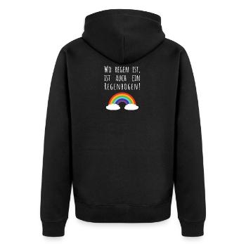 Spruch "Wo Regen ist, ist auch ein Regenbogen" - Unisex Premium Bio Zip Hoodie - Schwarz - Hinten - Nico (187cm)