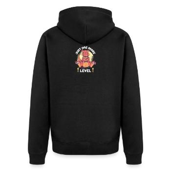 Nur noch eine Stufe - Unisex Premium Bio Zip Hoodie - Schwarz - Hinten - Nico (187cm)