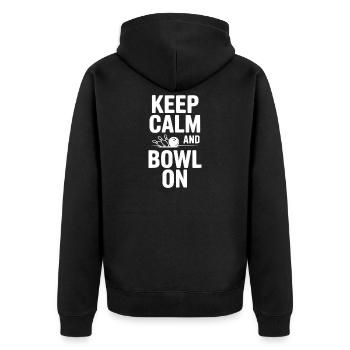 Bleiben Sie ruhig und bowlen Sie auf - Unisex Premium Bio Zip Hoodie - Schwarz - Hinten - Nico (187cm)