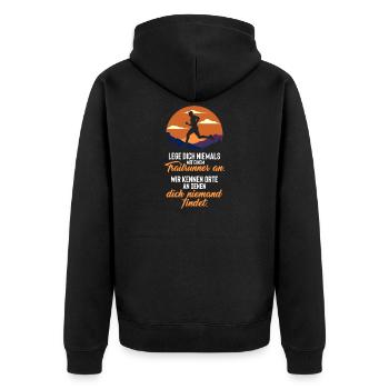 Lege dich nie mit Trailrunnern an - Unisex Premium Bio Zip Hoodie - Schwarz - Hinten - Nico (187cm)