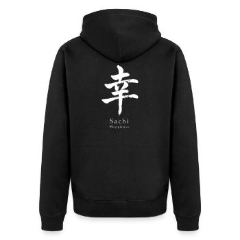 Calligraphie japonaise Sachi Happiness Kanji Japon - Veste à capuche bio Premium Unisexe - noir - Dos - Nico (187cm)
