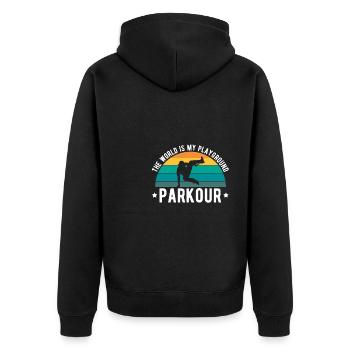 The World Is My Playground Parkour Shirt Geschenk - Unisex Premium Bio Zip Hoodie - Schwarz - Hinten - Nico (187cm)