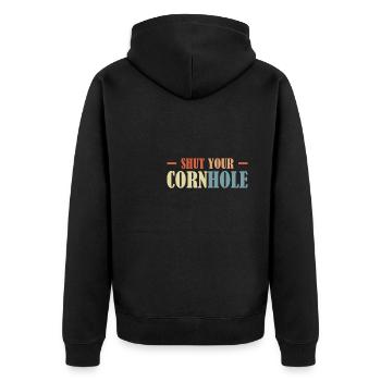 Shut Your Cornhole Shirt Geschenk - Unisex Premium Bio Zip Hoodie - Schwarz - Hinten - Nico (187cm)