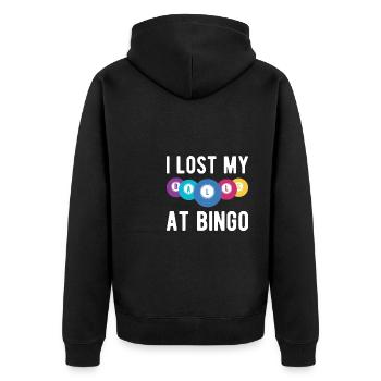 I Lost My Balls At Bingo Shirt Geschenk - Unisex Premium Bio Zip Hoodie - Schwarz - Hinten - Nico (187cm)