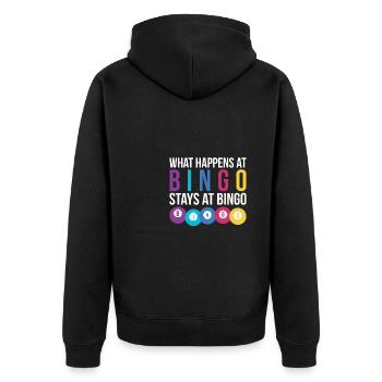 What Happens At Bingo Stays At Bingo Shirt - Unisex Premium Bio Zip Hoodie - Schwarz - Hinten - Nico (187cm)