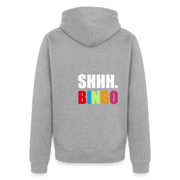SHHH. Bingo Shirt Geschenk - Unisex Premium Bio Zip Hoodie - Grau meliert - Hinten - Nico (187cm)