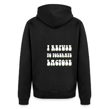 I Refuse To Tolerate Lactose Shirt - Unisex Premium Bio Zip Hoodie - Schwarz - Hinten - Nico (187cm)