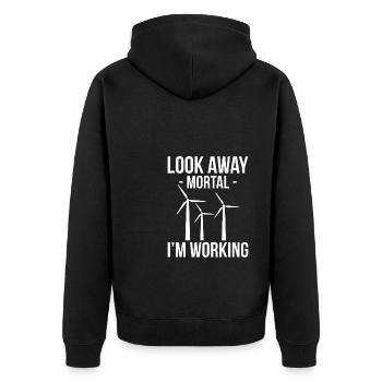 Look Away Mortal I ́m Working Gift Windmill - Unisex Premium Organic Zip Hoodie - black - Back - Nico (187cm)