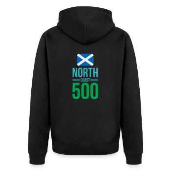 north coast 500 scotland - Unisex Premium Organic Zip Hoodie - black - Back - Nico (187cm)