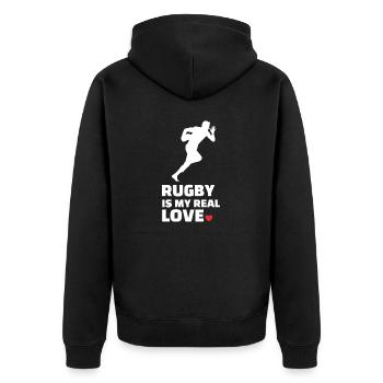 Ich Liebe Rugby - Unisex Premium Bio Zip Hoodie - Schwarz - Hinten - Nico (187cm)