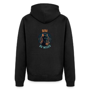 Porträt einer eleganten Katze: Diva du Miaou - Unisex Premium Bio Zip Hoodie - Schwarz - Hinten - Nico (187cm)