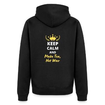 "Ruhe bewahren und Tee kochen, nicht Krieg" - Unisex Premium Bio Zip Hoodie - Schwarz - Hinten - Nico (187cm)