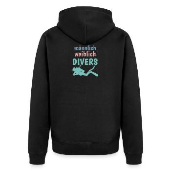 m/w/d: männlich weiblich DIVERS! Shirt für Taucher - Unisex Premium Bio Zip Hoodie - Schwarz - Hinten - Nico (187cm)