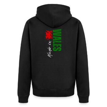 Made in Wales, vertical design - Unisex Premium Organic Zip Hoodie - black - Back - Nico (187cm)