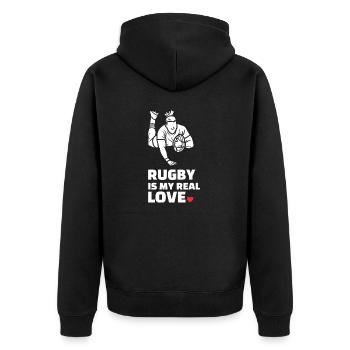Ich Liebe Rugby - Unisex Premium Bio Zip Hoodie - Schwarz - Hinten - Nico (187cm)