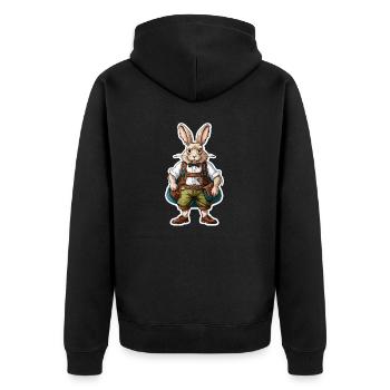 Lederhose / Tier / Tracht / Tradition / Hase - Unisex Premium Bio Zip Hoodie - Schwarz - Hinten - Nico (187cm)