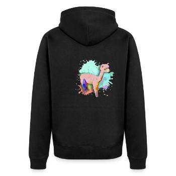 Alpaka, Llama, lama, farbklecks,graffiti,bunt - Unisex Premium Bio Zip Hoodie - Schwarz - Hinten - Nico (187cm)