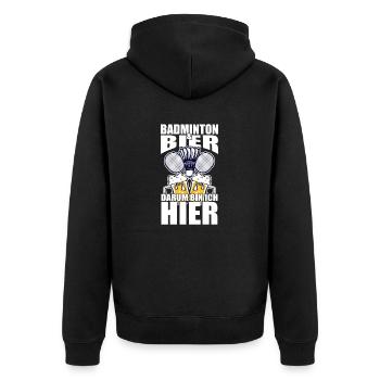 Lustiger Spruch Badminton Bier darum bin ich hier - Unisex Premium Bio Zip Hoodie - Schwarz - Hinten - Nico (187cm)