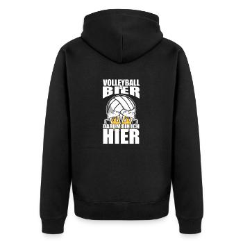 Lustiger Spruch Volleyball Bier darum bin ich hier - Unisex Premium Bio Zip Hoodie - Schwarz - Hinten - Nico (187cm)