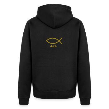 Poisson christianisme or avec légende - Veste à capuche bio Premium Unisexe - noir - Dos - Nico (187cm)