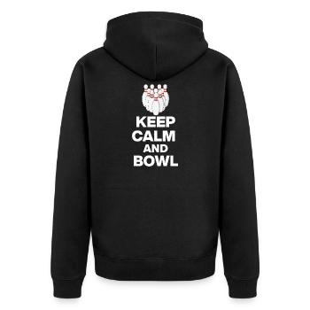 KEEP CALM AND BOWL, STRIKE MEISTER! PIN SNIPER - Unisex Premium Bio Zip Hoodie - Schwarz - Hinten - Nico (187cm)