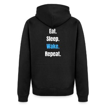 Eat Sleep Wake Repeat – Bold Typographic Motto - Unisex Premium Organic Zip Hoodie - black - Back - Nico (187cm)